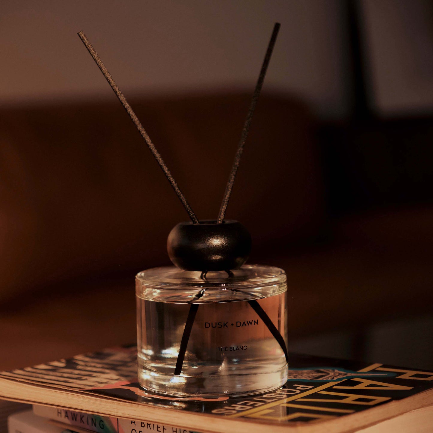 A clear glass reed diffuser bottle with a black wooden cap and two dark reeds, placed on top of books in a warm, dimly lit indoor setting.