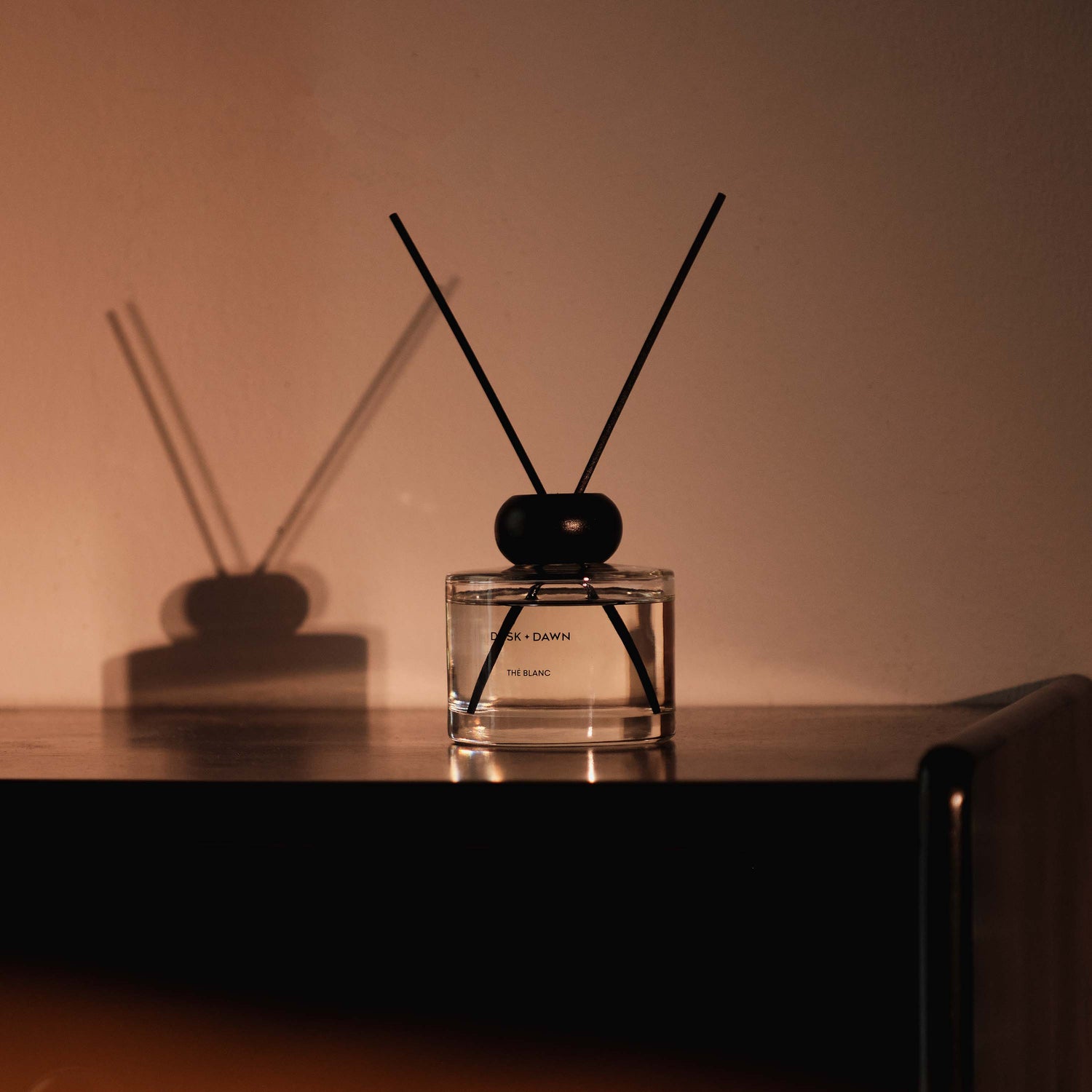 A clear glass reed diffuser bottle with a black central wooden cap and two black reeds, placed on a dark wooden surface against a warm brown wall. The reeds cast a long shadow on the wall.